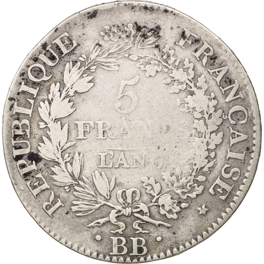 France, Union et Force, 5 Francs, AN 6, Strasbourg, F(12-15), Silver, KM:639.2
