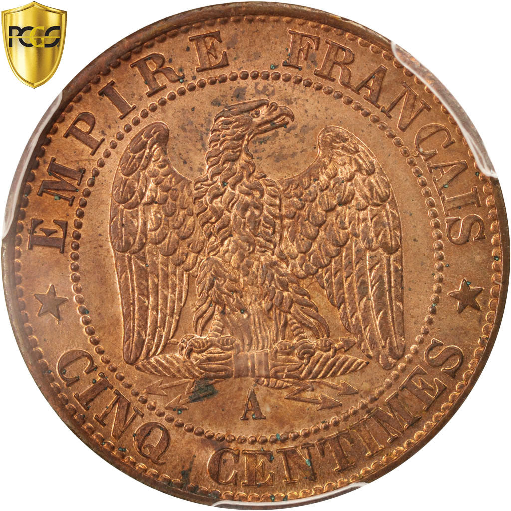 France, Napoleon III, 5 Centimes, 1863, Paris, Bronze, PCGS, MS(64)
