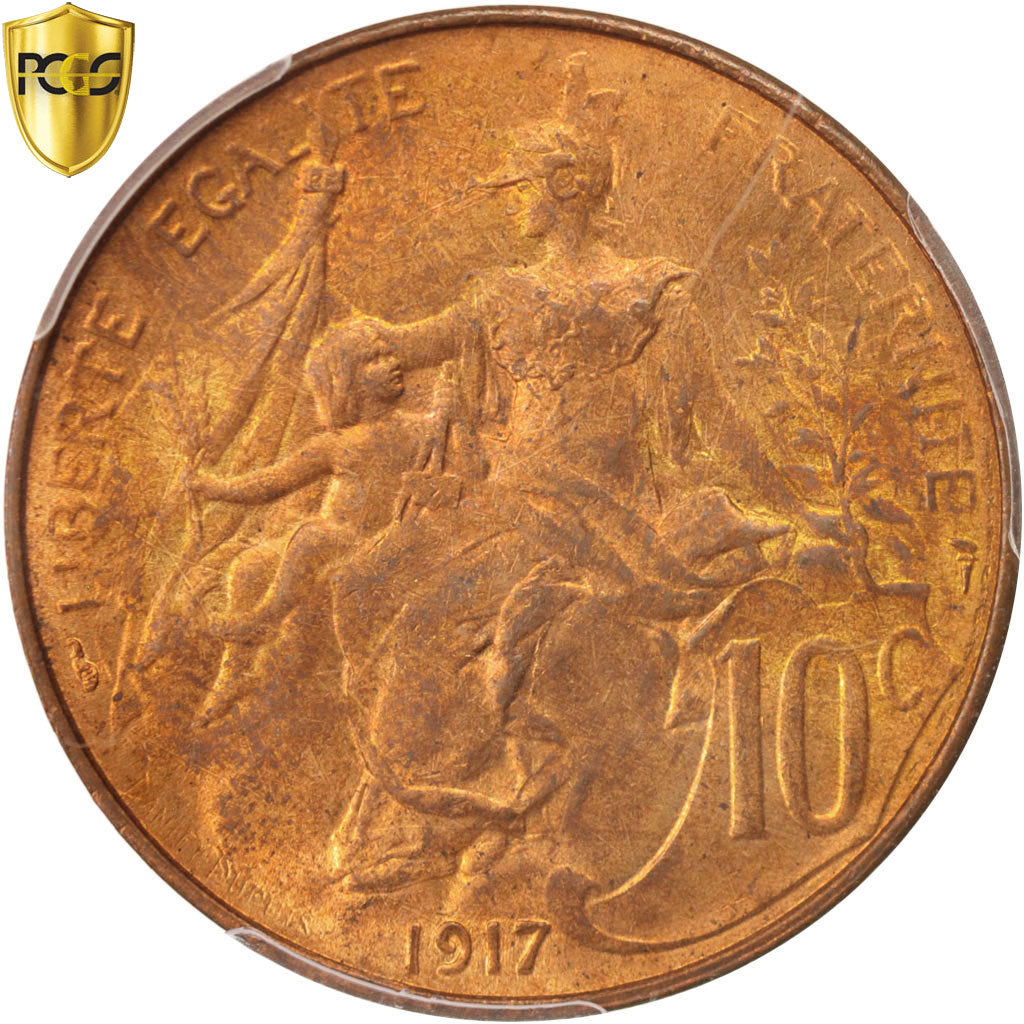 Coin, France, Dupuis, 10 Centimes, 1917, Paris, PCGS, MS64RB, MS(64), Bronze
