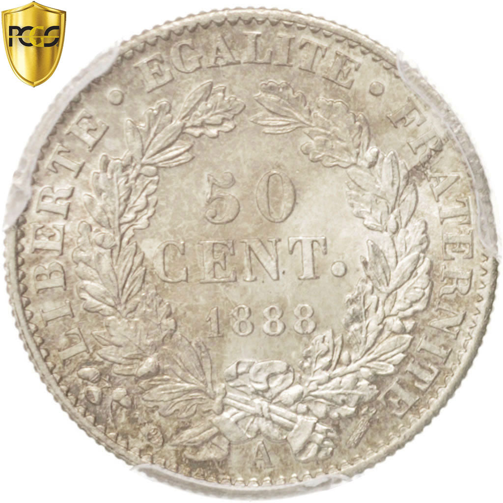 Coin, France, Cérès, 50 Centimes, 1888, Paris, PCGS, MS64, MS(64), Silver
