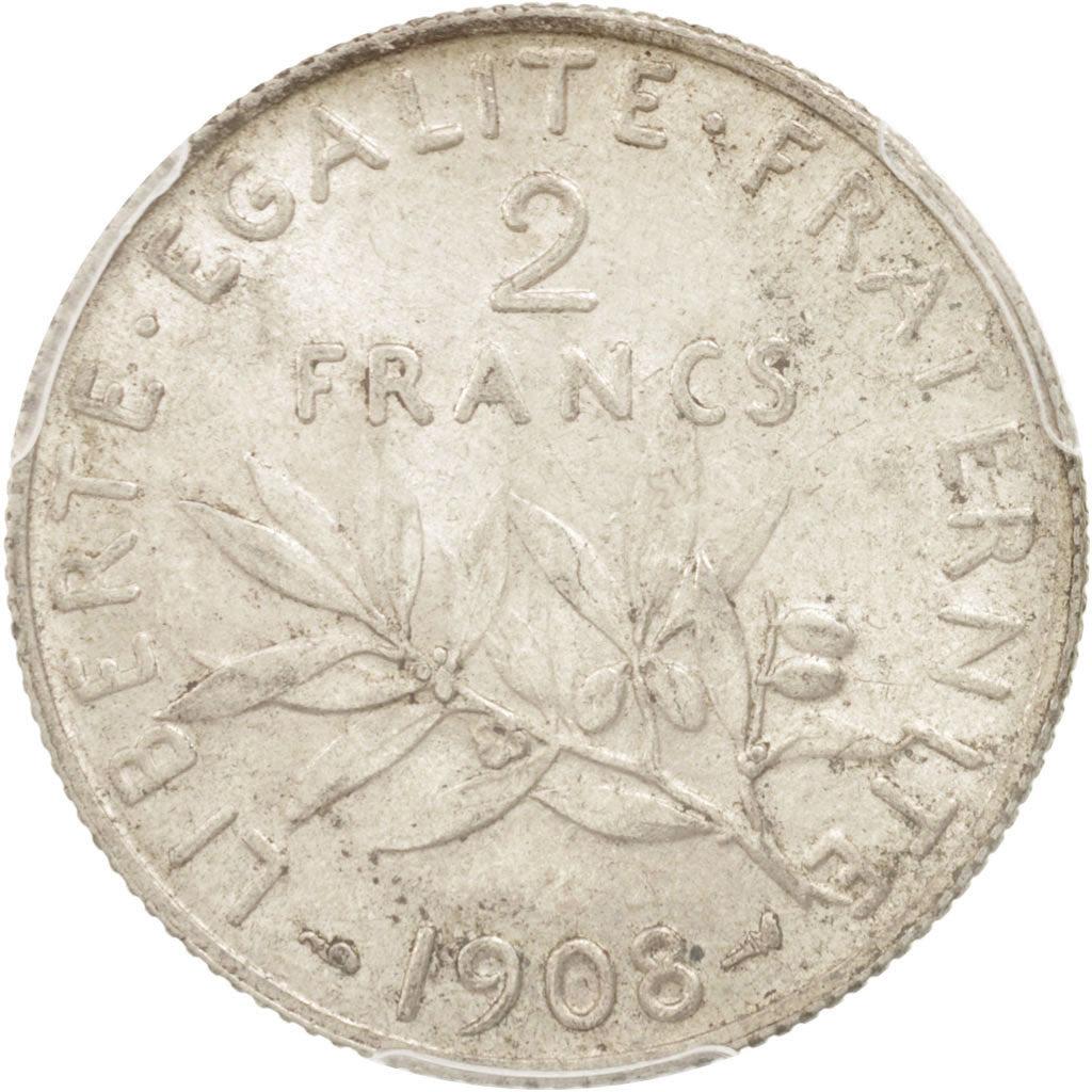 France, Semeuse, 2 Francs, 1908, Paris, PCGS, AU58, Silver, KM:845.1
