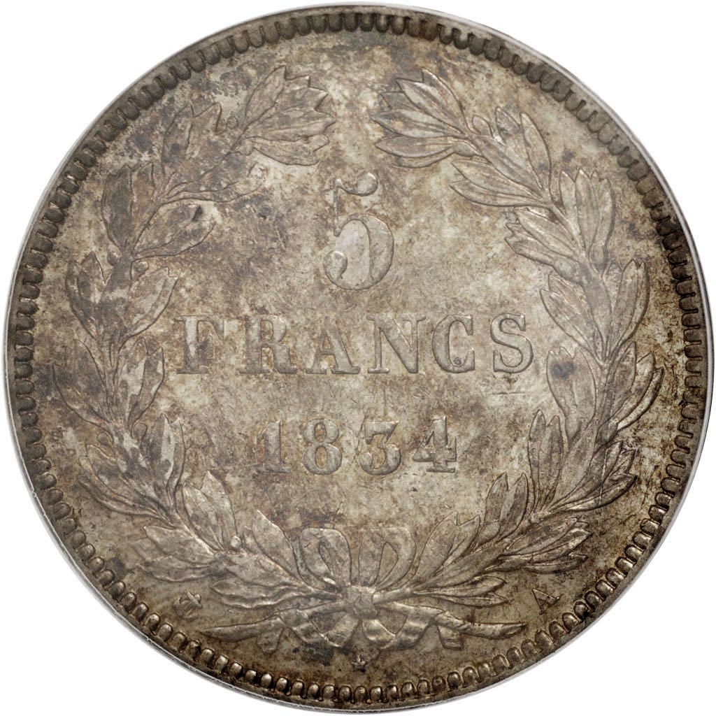 Francia, Louis-Philippe, 5 Francs, 1834, Paris, PCGS, AU53, BB+, Argento, KM:...