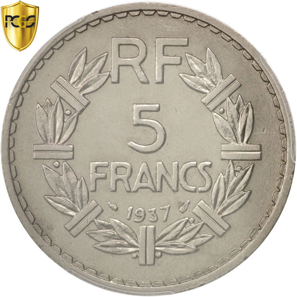 Moneta, Francia, Lavrillier, 5 Francs, 1937, Paris, PCGS, MS62, SPL, Nichel