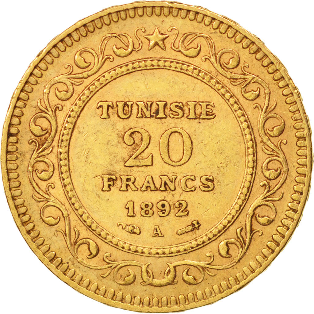 Tunisia, Ali Bey, 20 Francs, 1892, Paris, EF(40-45), Gold, KM:227