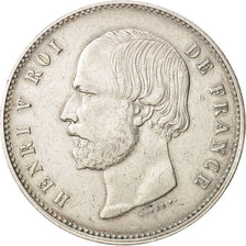 France, Henri V, 5 Francs, 1871, Brussels, TTB, Argent, KM:37.2, Gadoury:128.3