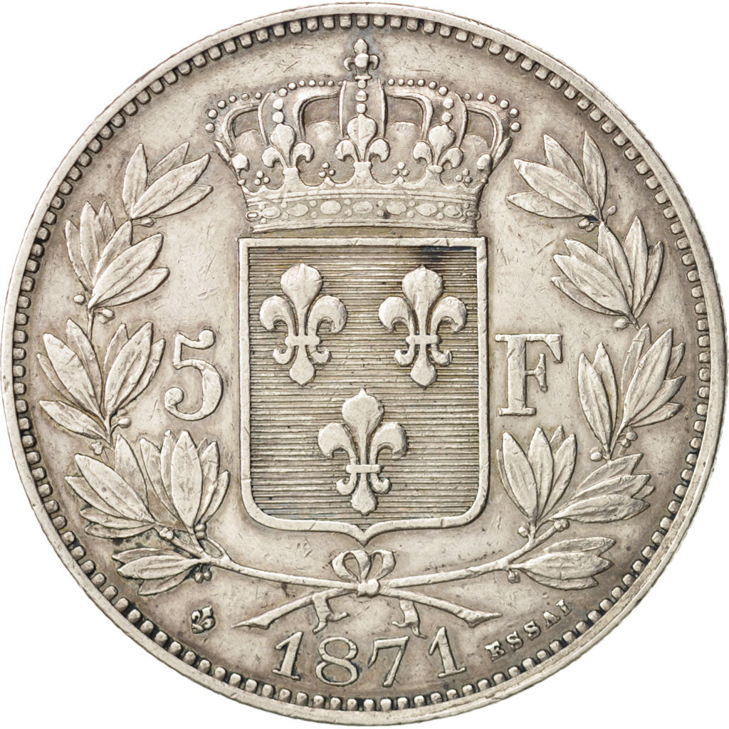 France, Henri V, 5 Francs, 1871, Brussels, TTB, Argent, KM:37.2, Gadoury:128.3