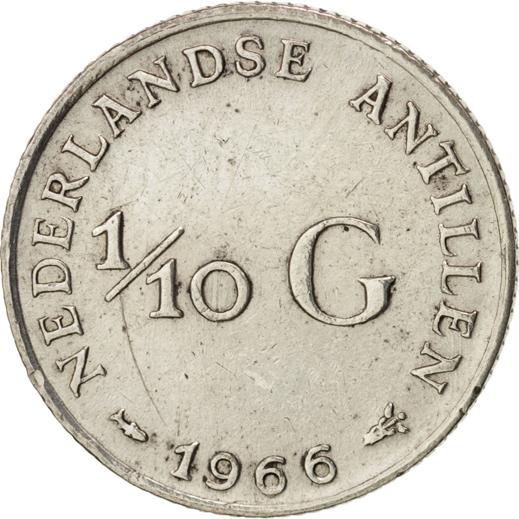 Netherlands Antilles, Juliana, 1/10 Gulden, 1966, AU(50-53), Silver, KM:3