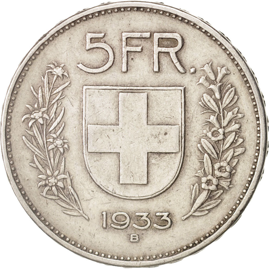 Switzerland, 5 Francs, 1933, Bern, EF(40-45), Silver, KM:40
