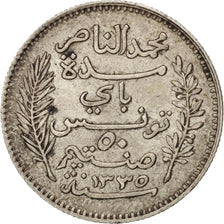 Tunisia, Muhammad al-Nasir Bey, 50 Centimes, 1916, Paris, AU(50-53), Silver