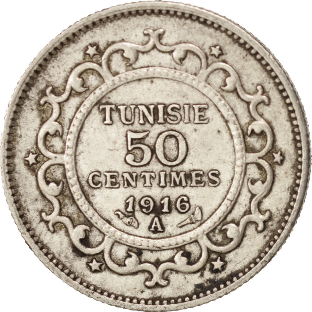 Tunisia, Muhammad al-Nasir Bey, 50 Centimes, 1916, Paris, AU(50-53), Silver