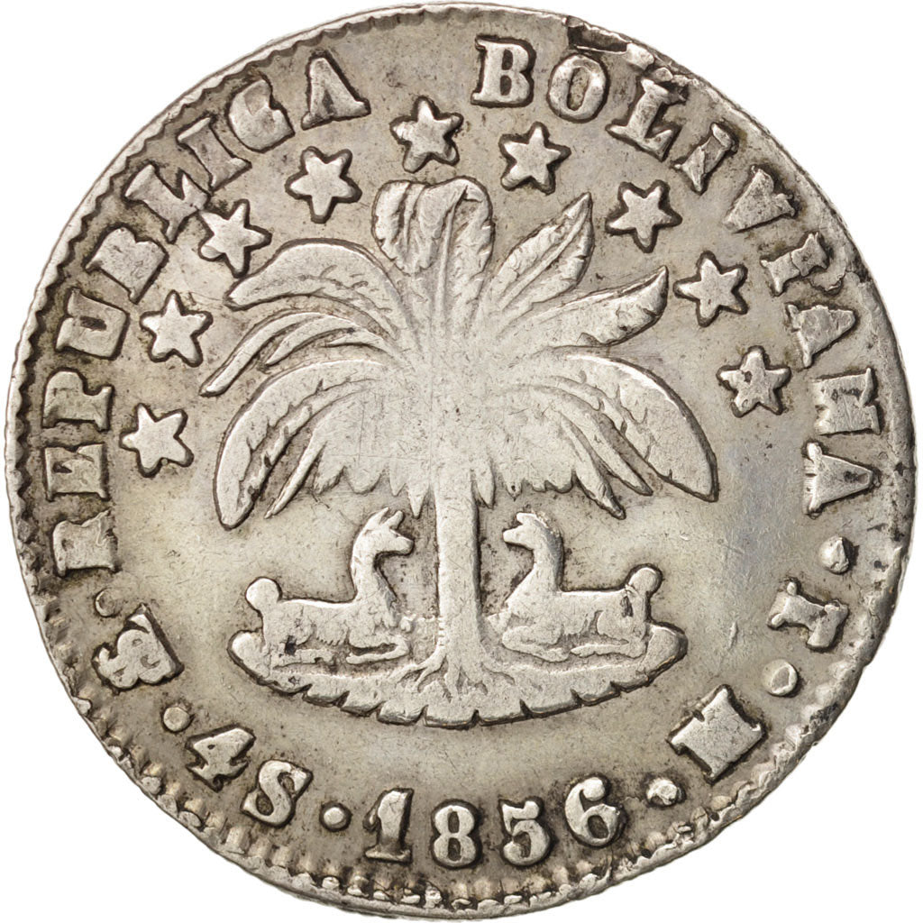 Coin, Bolivia, 4 Soles, 1856, Potosi, EF(40-45), Silver, KM:123.2