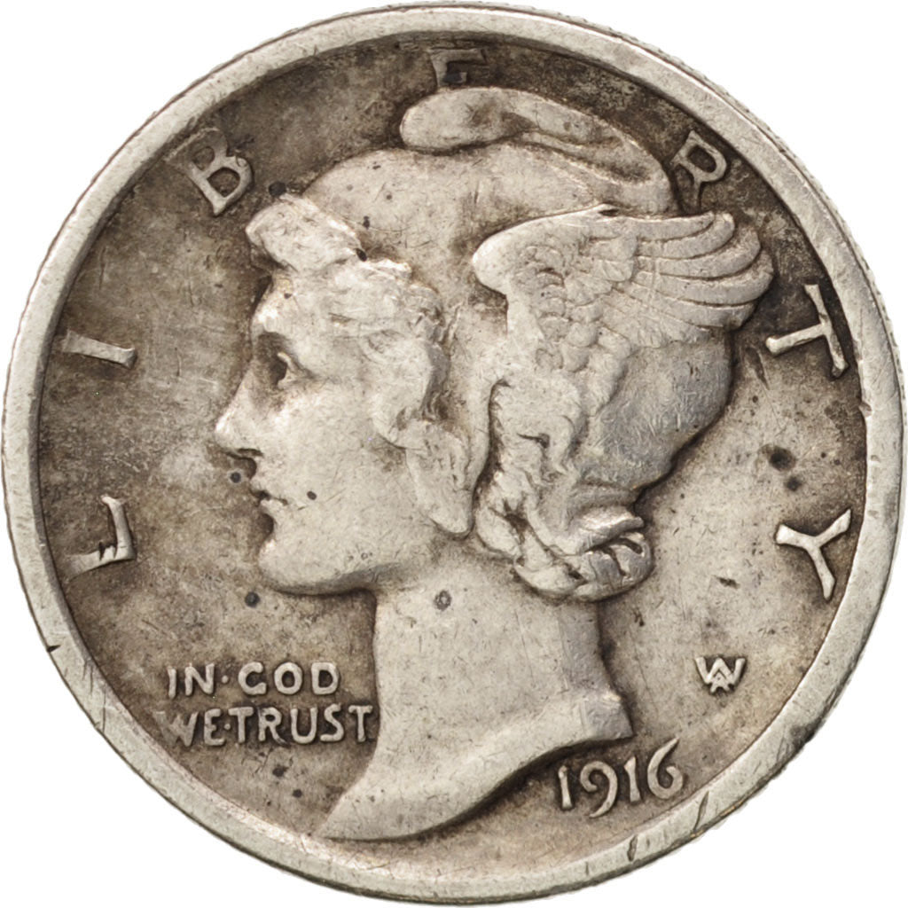 United States, Mercury Dime, 1916, Philadelphia, EF(40-45), KM:140