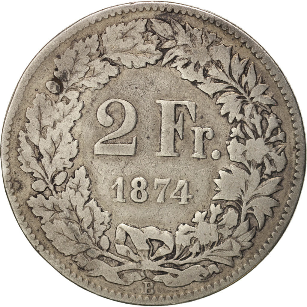 Switzerland, 2 Francs, 1874, Bern, F(12-15), Silver, KM:21