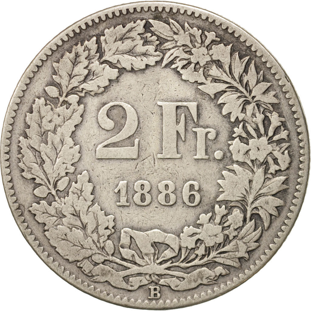 Switzerland, 2 Francs, 1886, Bern, VF(20-25), Silver, KM:21