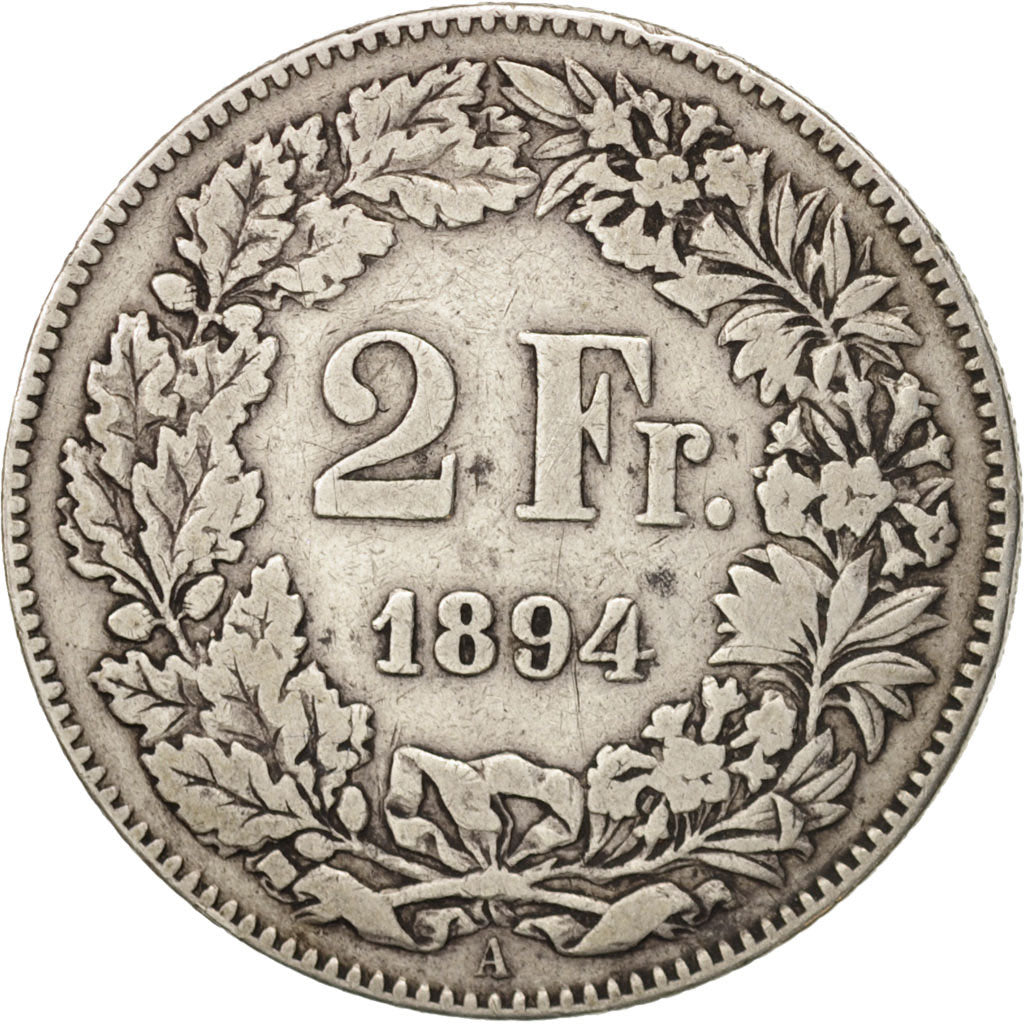 Switzerland, 2 Francs, 1894, Paris, VF(30-35), Silver, KM:21
