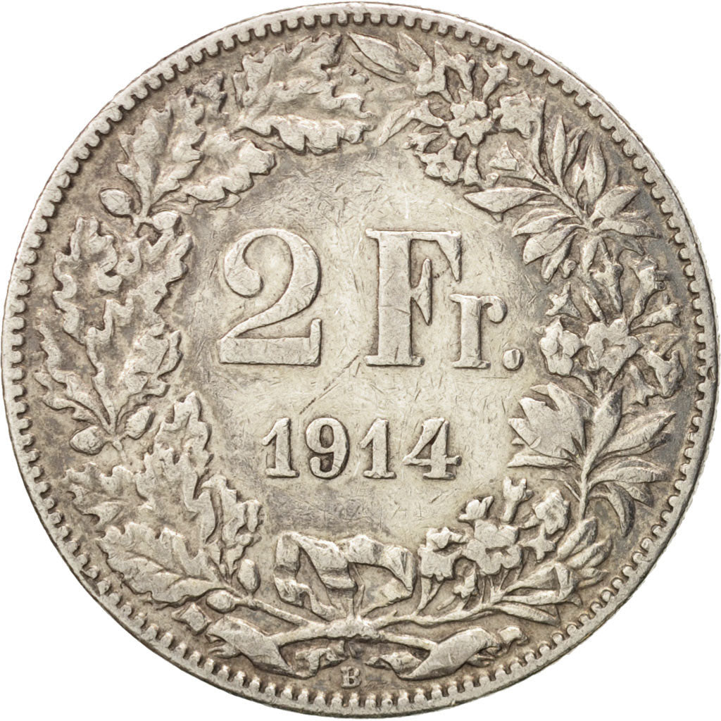 Switzerland, 2 Francs, 1914, Bern, EF(40-45), Silver, KM:21