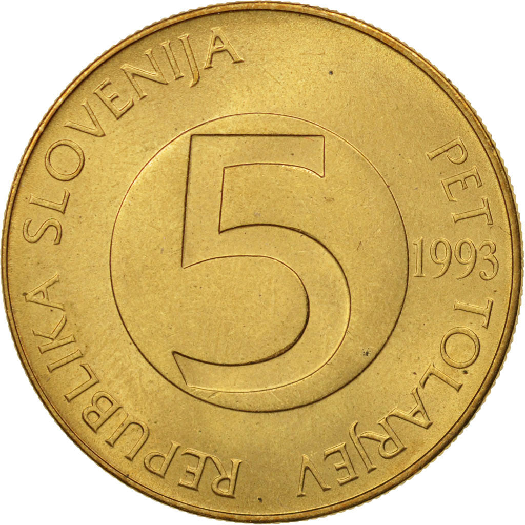 Coin, Slovenia, 5 Tolarjev, 1993, MS(60-62), Nickel-brass, KM:6