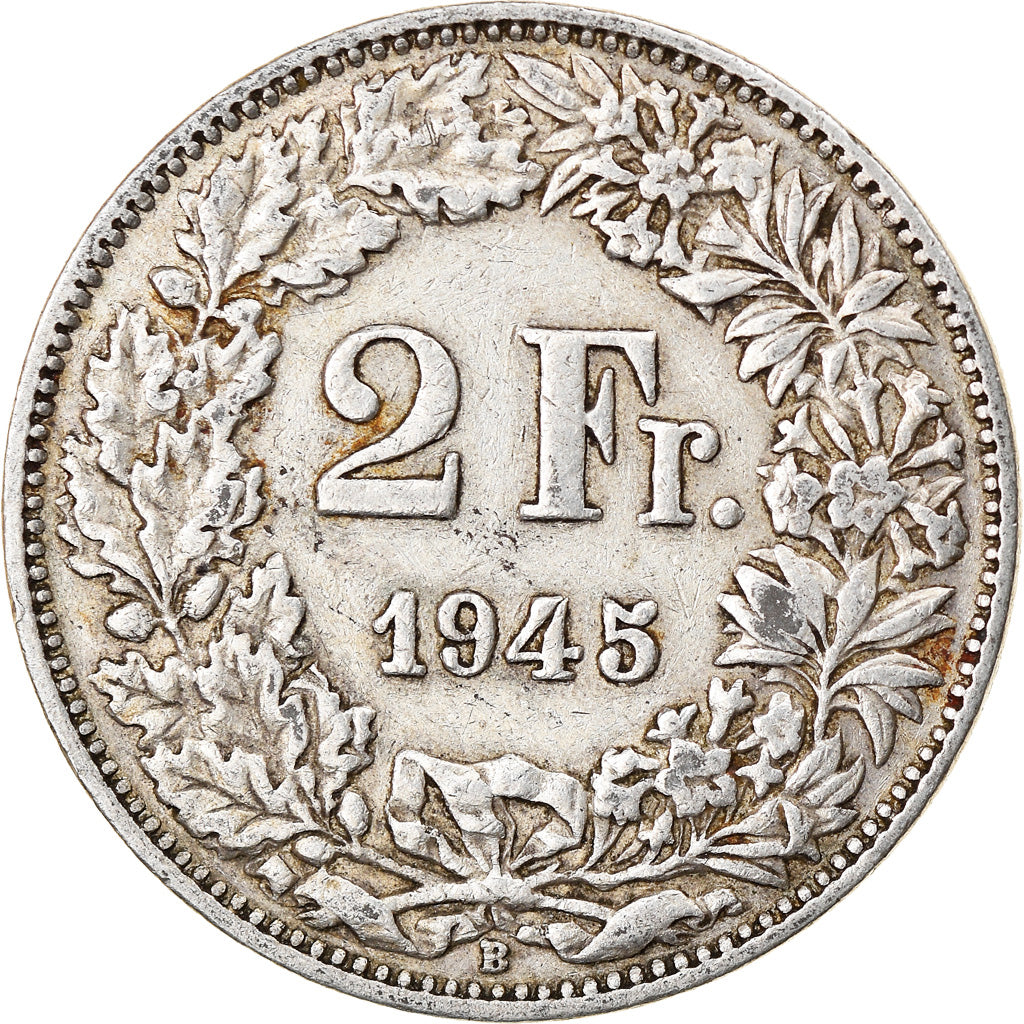Coin, Switzerland, 2 Francs, 1945, Bern, VF(30-35), Silver, KM:21