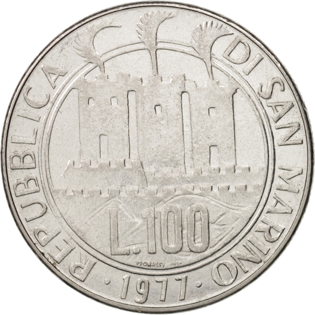 San Marino, 100 Lire, 1977, Rome, MS(63), Steel, KM:69