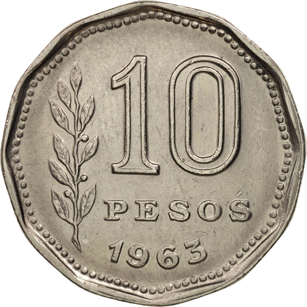 Moneda, Argentina, 10 Pesos, 1963, MBC, Níquel recubierto de acero, KM:60