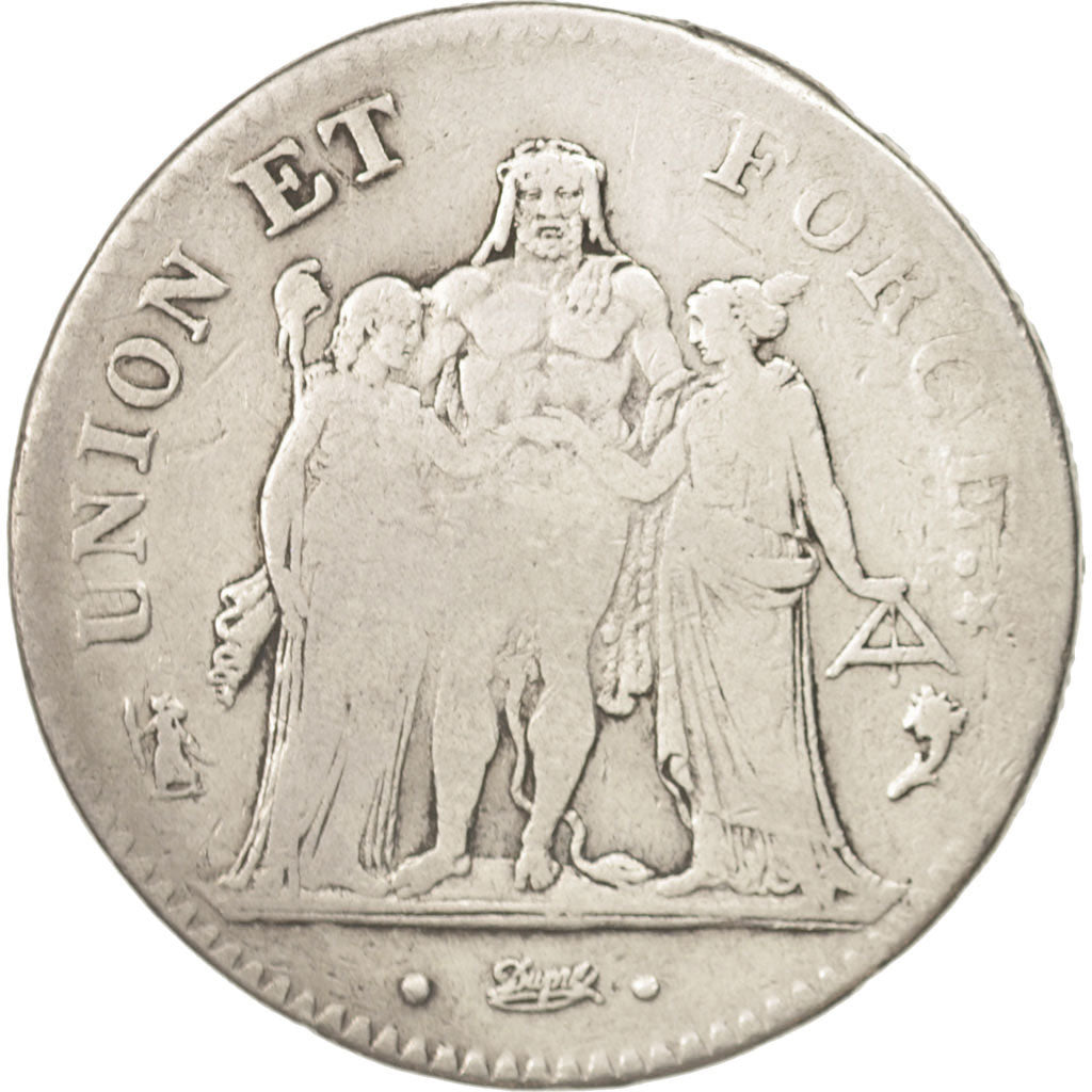 France, Union et Force, 5 Francs, AN 5, Paris, VF(20-25), Silver, KM:639.1