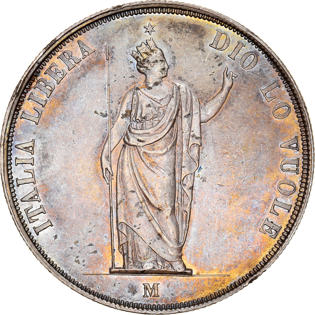 Coin, ITALIAN STATES, LOMBARDY-VENETIA, 5 Lire, 1848, Milan, AU(50-53), Silver