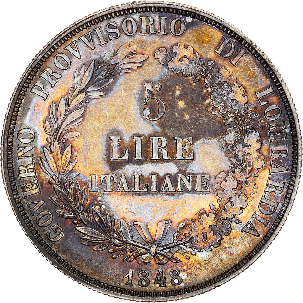 Coin, ITALIAN STATES, LOMBARDY-VENETIA, 5 Lire, 1848, Milan, AU(50-53), Silver