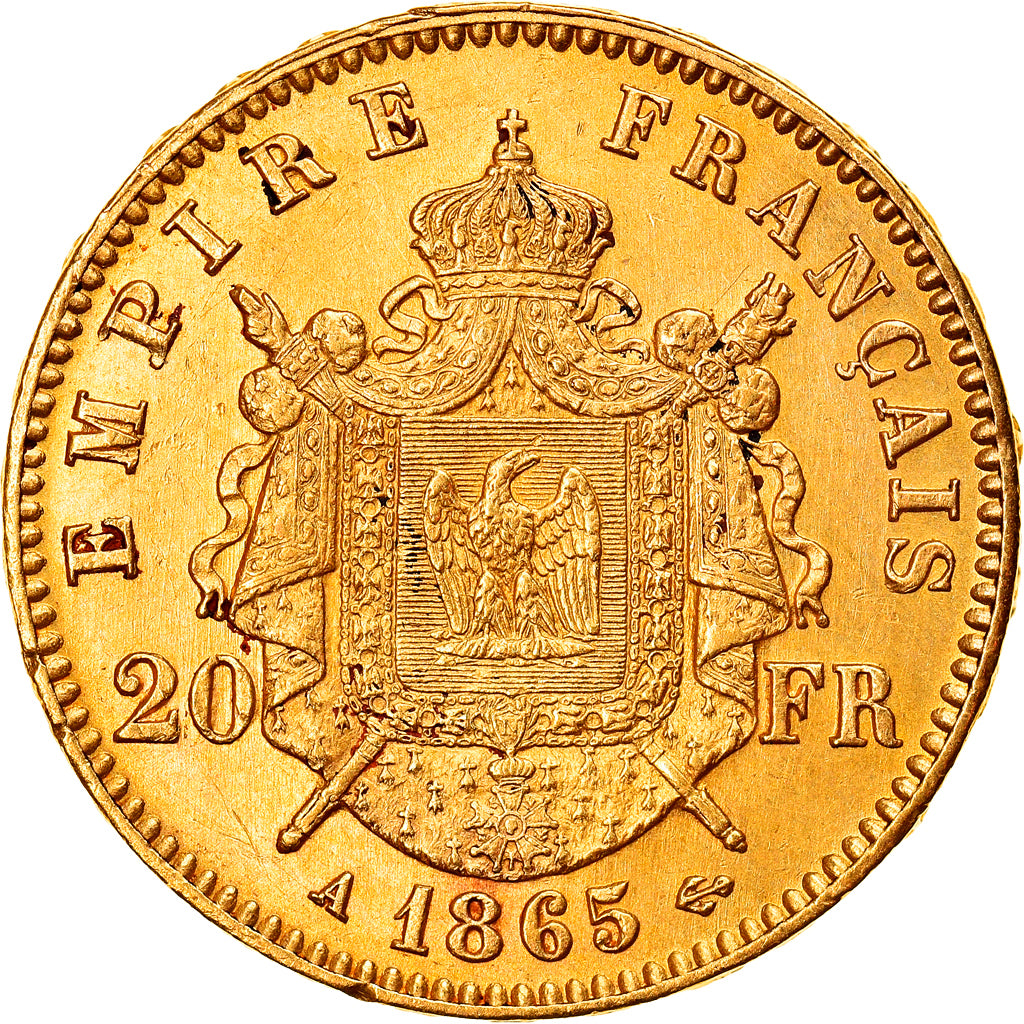 Moneta, Francja, Napoleon III, Napoléon III, 20 Francs, 1865, Paris, AU(55-58)