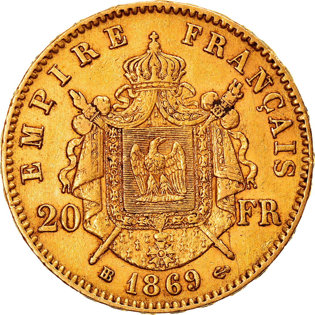 Moneta, Francia, Napoleon III, 20 Francs, 1869, Strasbourg, BB, Oro, KM:801.2