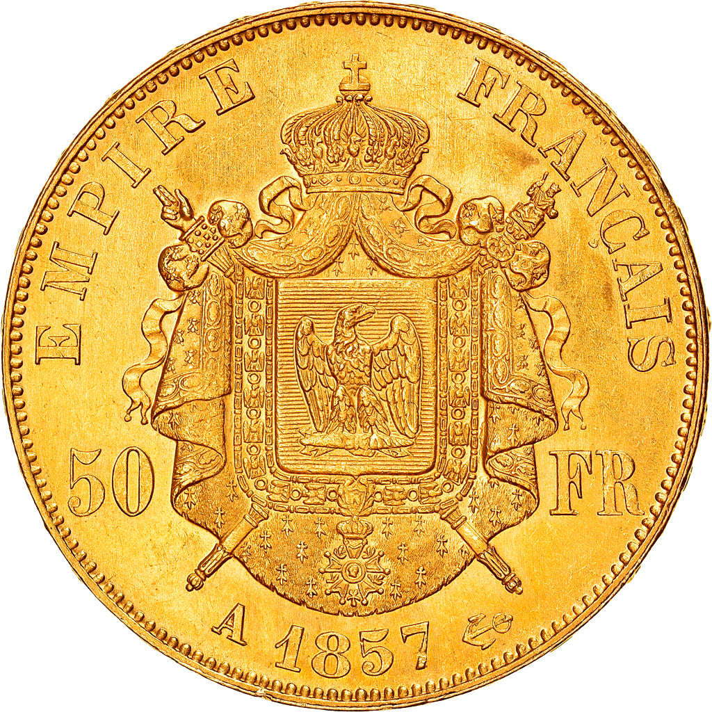 Moeda, França, Napoleon III, 50 Francs, 1857, Paris, AU(55-58), Dourado
