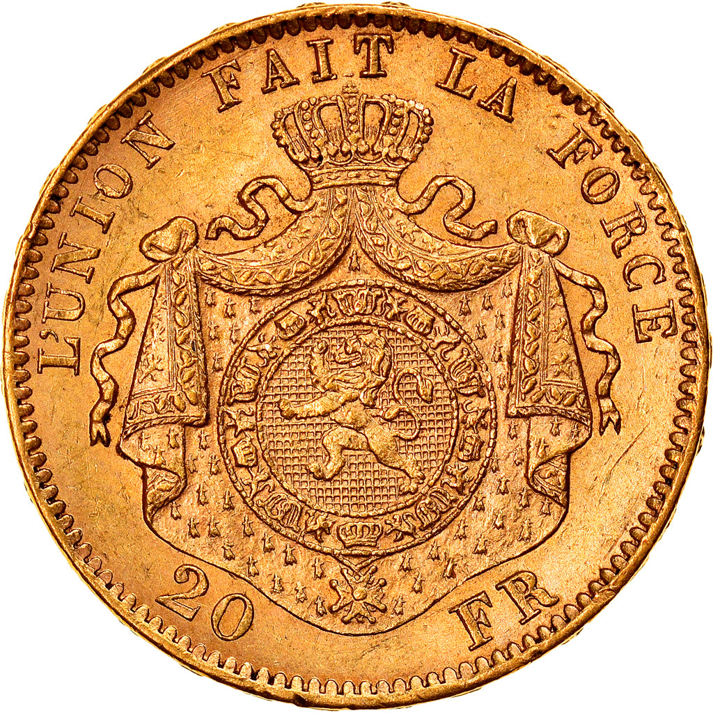 Moeda, Bélgica, Leopold II, 20 Francs, 20 Frank, 1877, AU(55-58), Dourado
