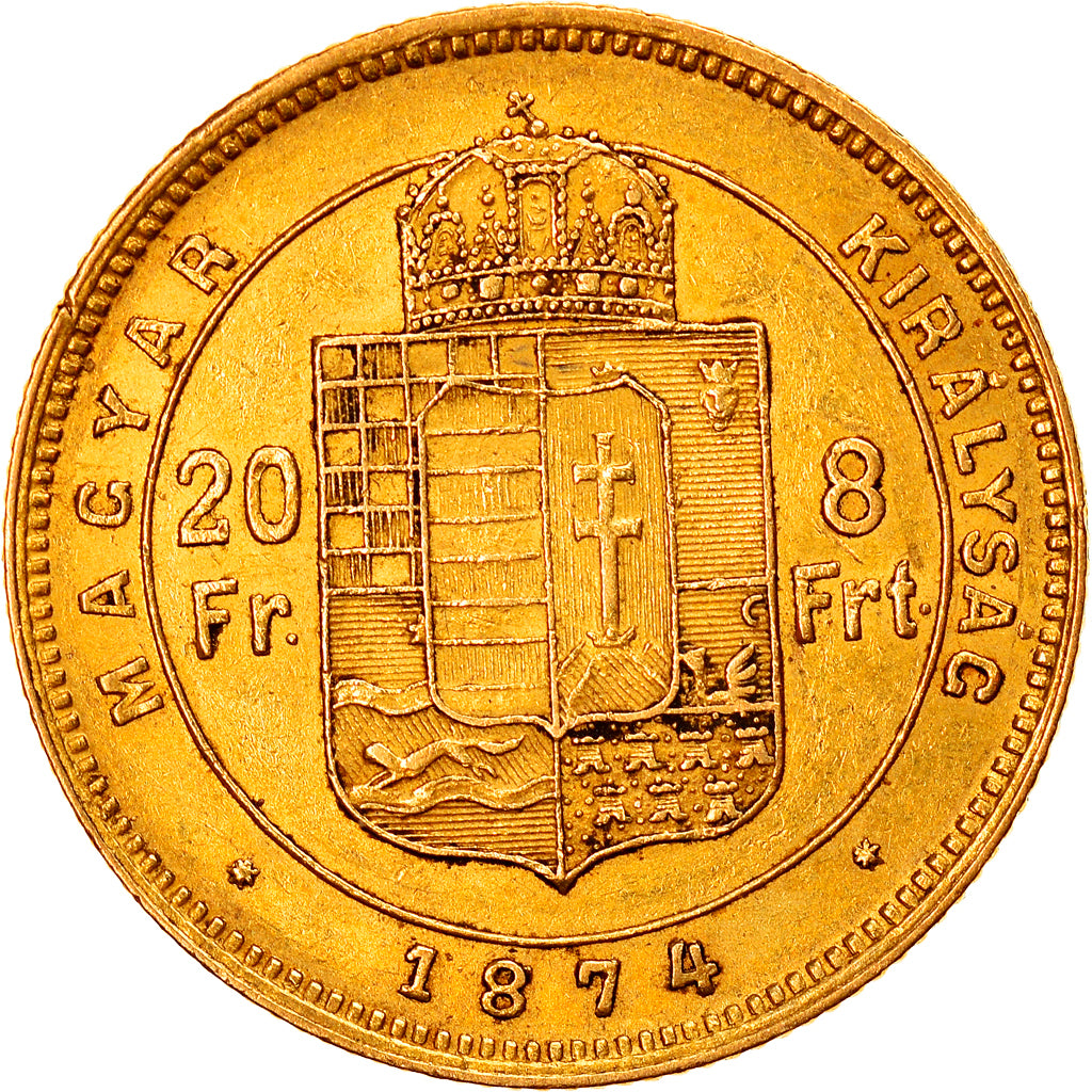 Moneta, Ungheria, Franz Joseph I, 8 Forint 20 Francs, 1874, Kremnitz, BB+, Oro
