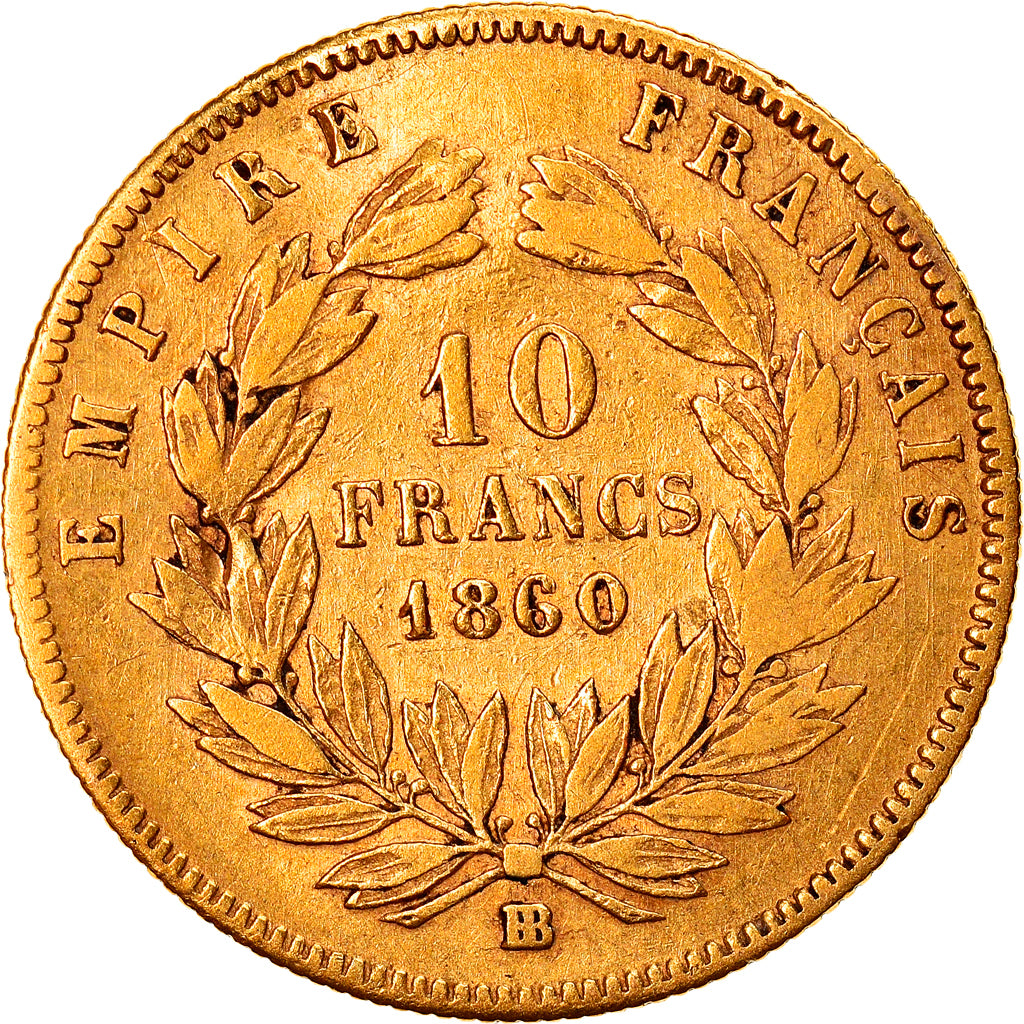 Moneta, Francia, Napoleon III, 10 Francs, 1860, Strasbourg, MB+, Oro, KM:784.4