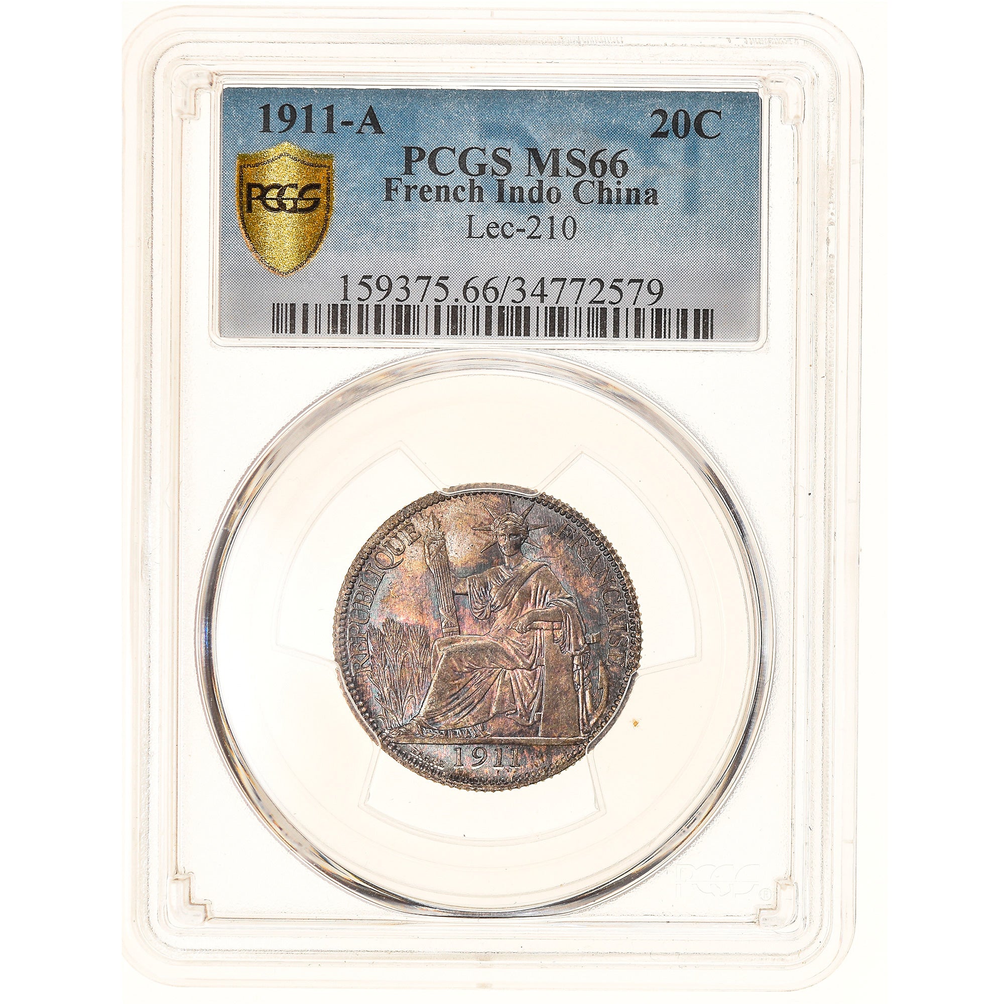 Coin, FRENCH INDO-CHINA, 20 Cents, 1911, Paris, PCGS, MS66, MS(65-70), Silver