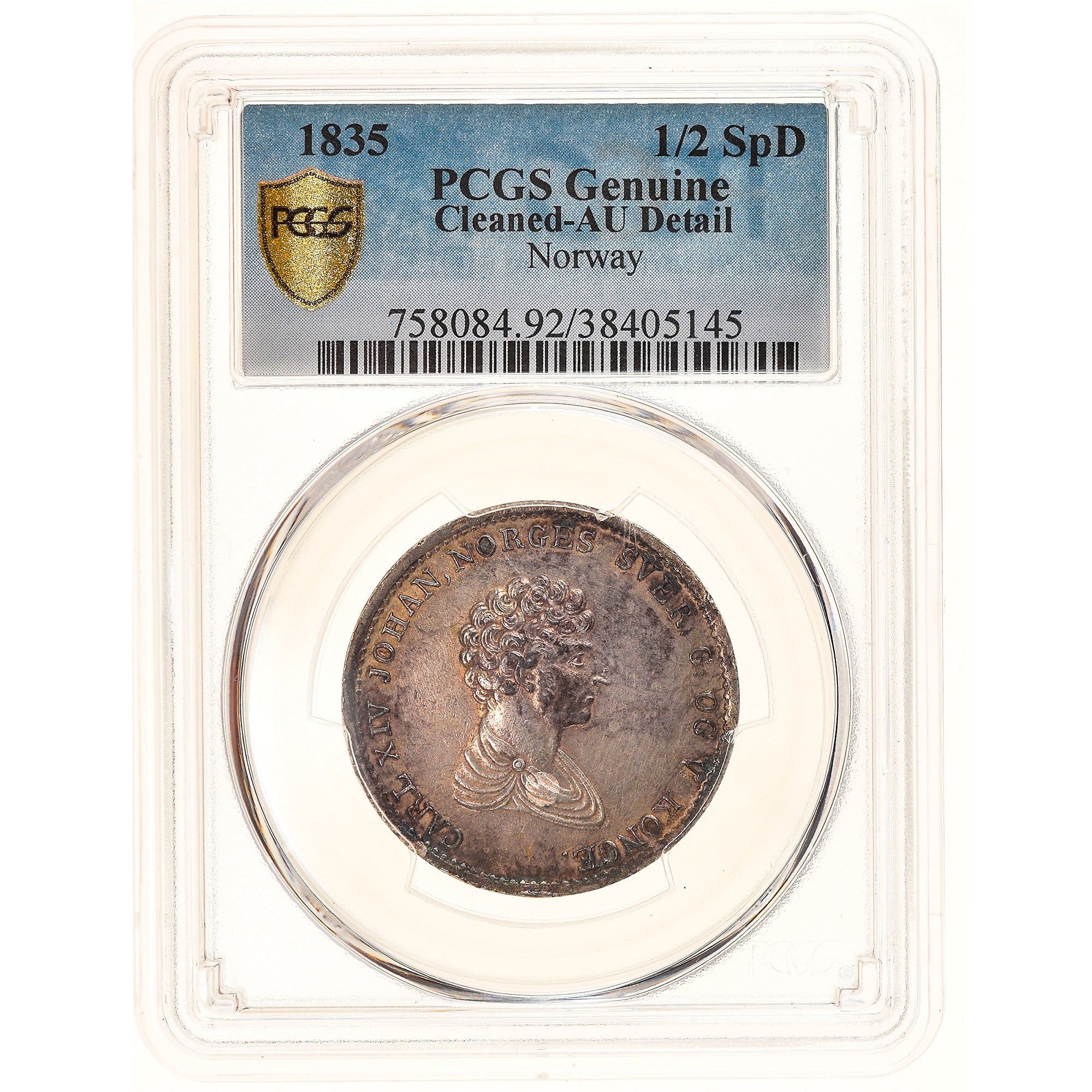 Coin, Norway, Carl XIV, 1/2 Specie Daler, 1835, PCGS, Genuine - Cleaned Au