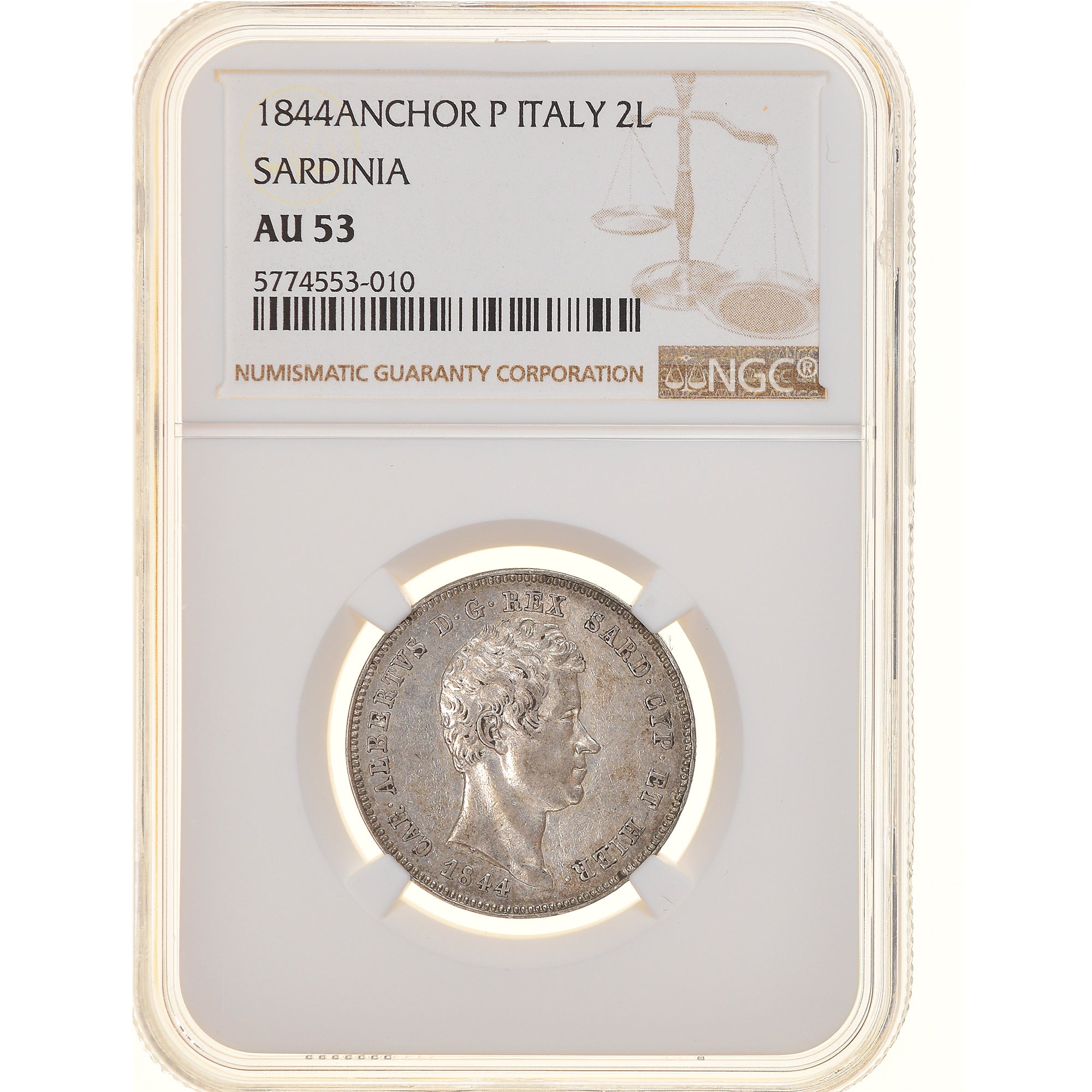 Moneda, Estados italianos, SARDINIA, Carlo Alberto, 2 Lire, 1844, Genoa, NGC