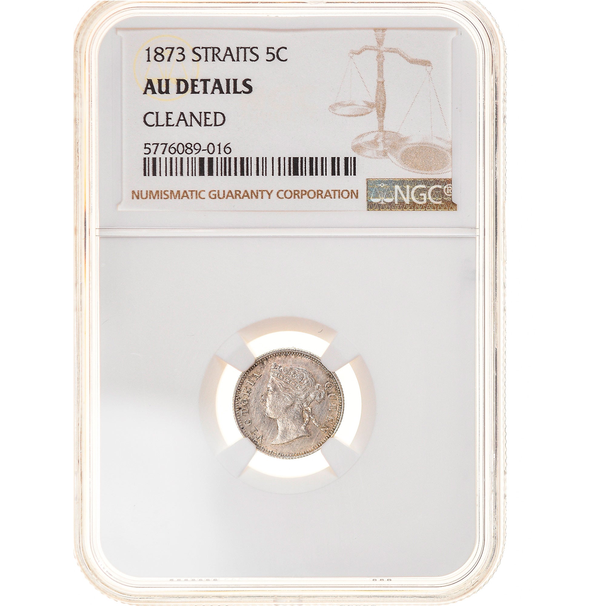 Coin, Straits Settlements, Victoria, 5 Cents, 1873, NGC, AU Details Cleaned