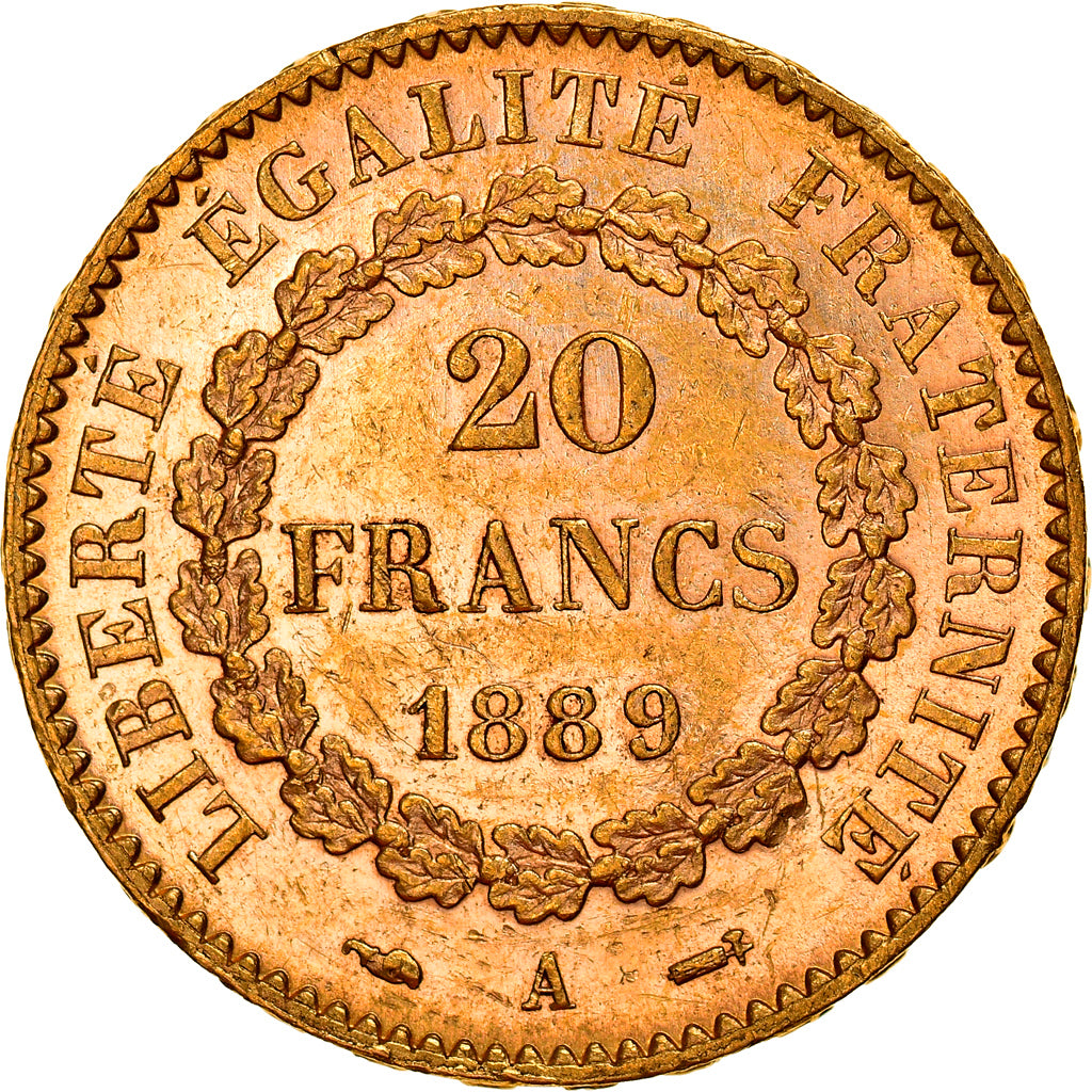 Moeda, França, Génie, 20 Francs, 1889, Paris, AU(55-58), Dourado, KM:825