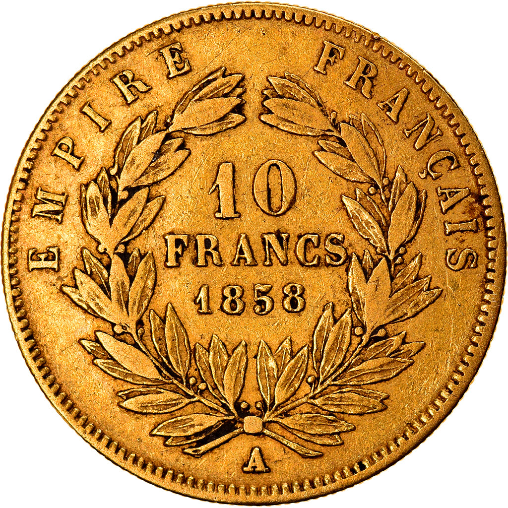Münze, Frankreich, Napoleon III, 10 Francs, 1858, Paris, S+, Gold, KM:784.3