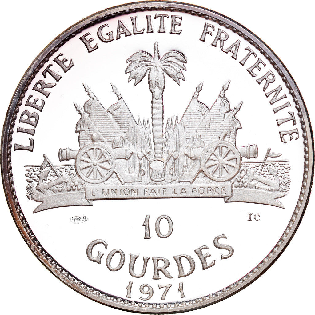 Moeda, Haiti, Playing Fox Fox, 10 Gourdes, 1971, Proof, MS(65-70), Prata, KM:81