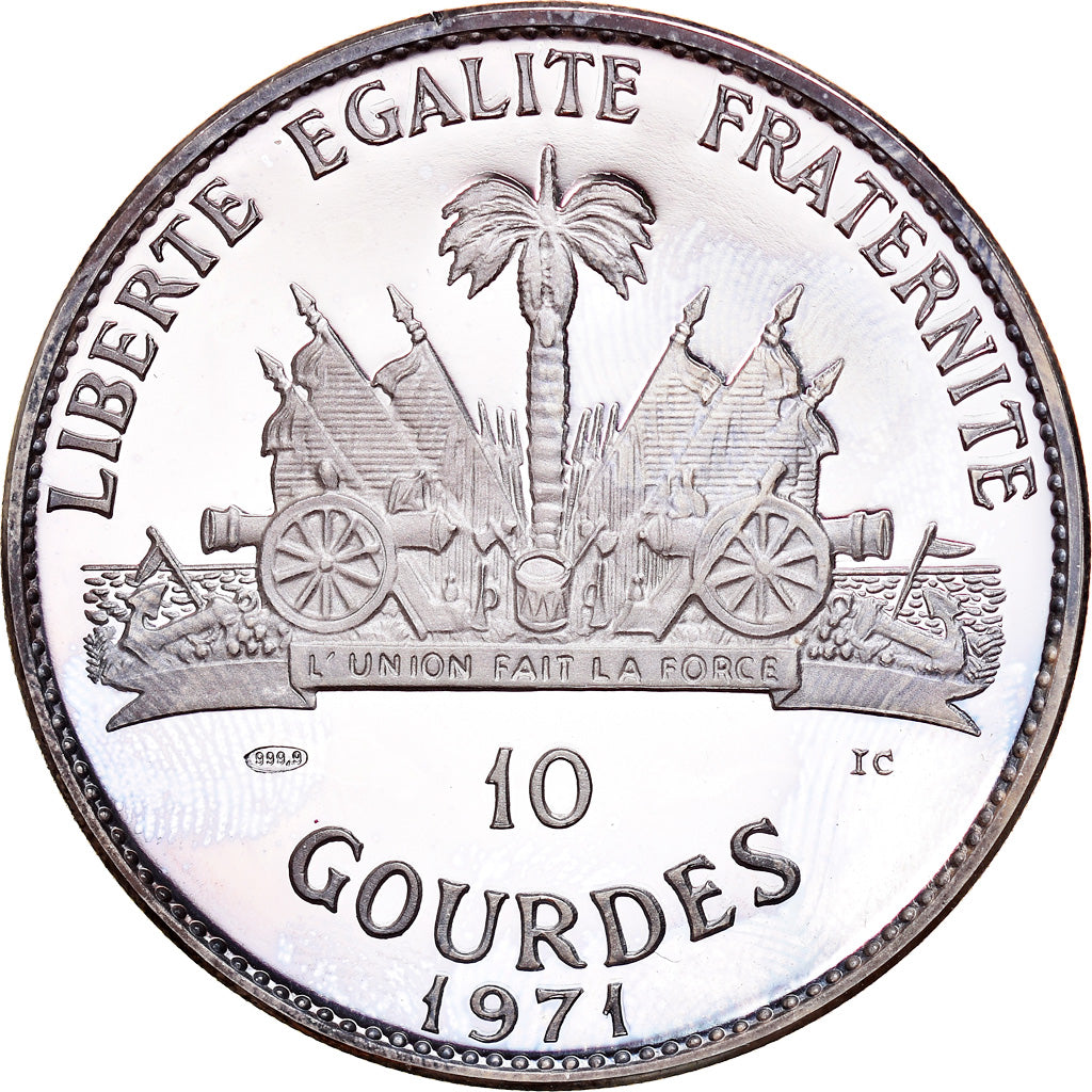 Coin, Haiti, Sitting Bull Sioux, 10 Gourdes, 1971, Proof, MS(65-70), Silver