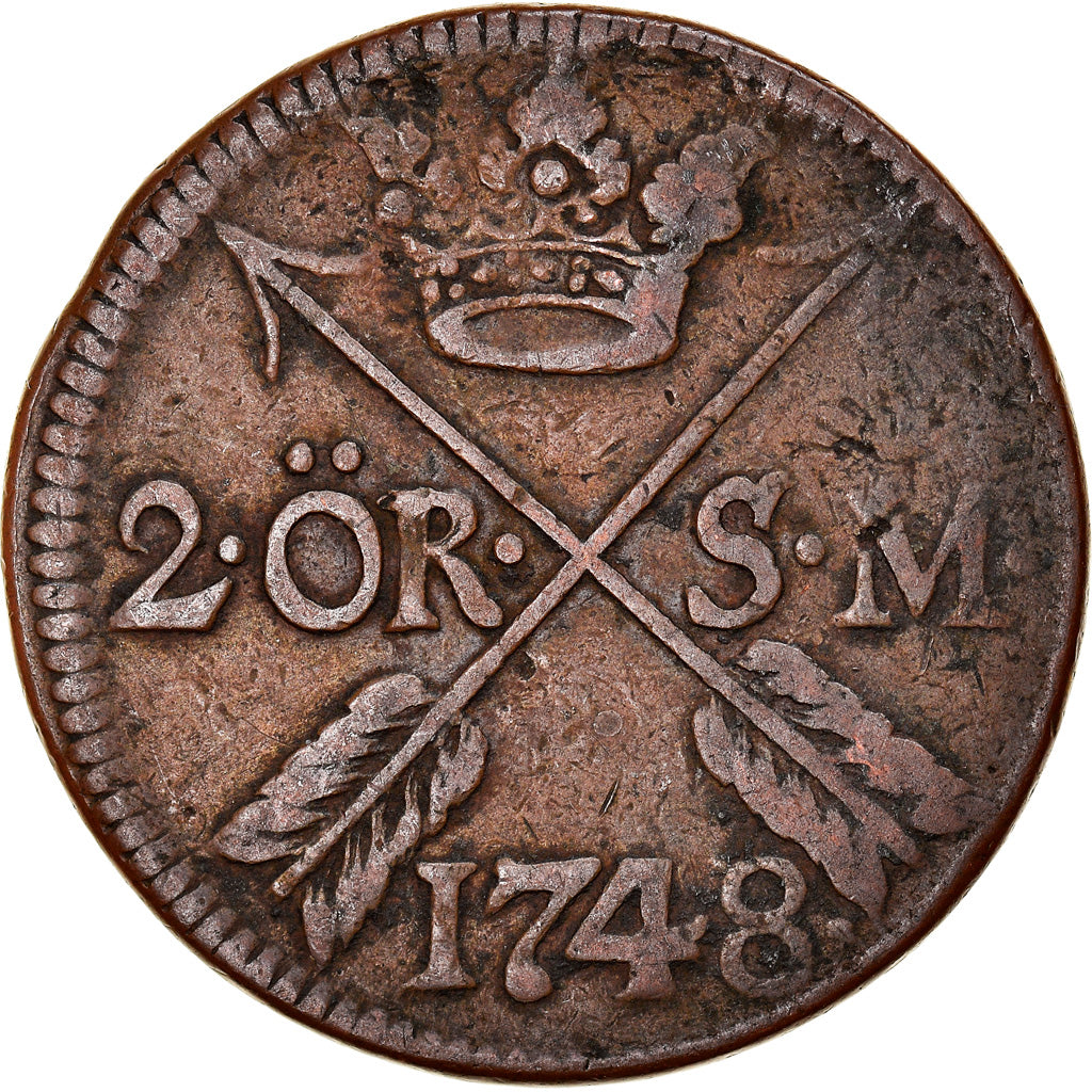 Coin, Sweden, Frederick I, 2 Ore, S.M., 1748, VF(30-35), Copper, KM:437