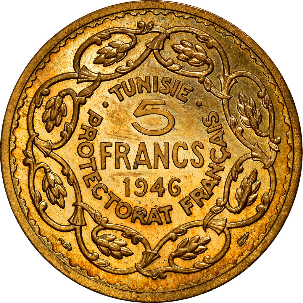 Moeda, Tunísia, Muhammad al-Amin Bey, 5 Francs, 1946, Paris, Ensaio - Piéfort
