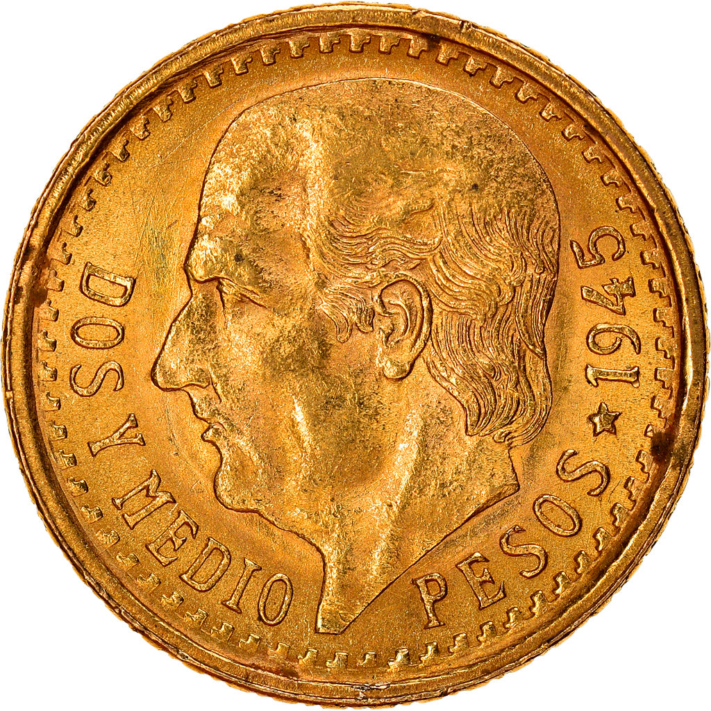 Coin, Mexico, 2-1/2 Pesos, 1945, Mexico City, AU(55-58), Gold, KM:463