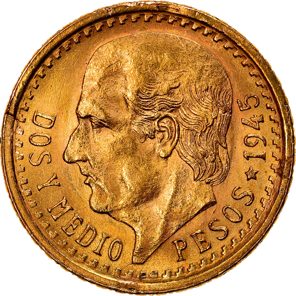 Coin, Mexico, 2-1/2 Pesos, 1945, Mexico City, AU(55-58), Gold, KM:463