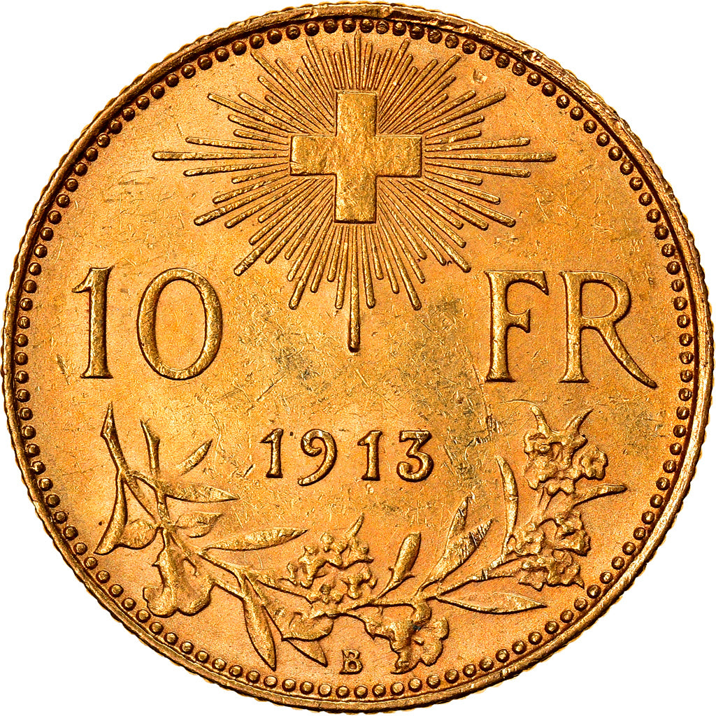 Coin, Switzerland, 10 Francs, 1913, Bern, AU(50-53), Gold, KM:36
