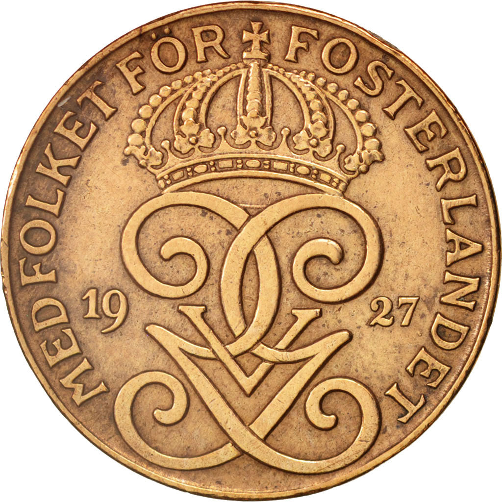 Svezia, Gustaf V, 2 Öre, 1927, BB, Bronzo, KM:778
