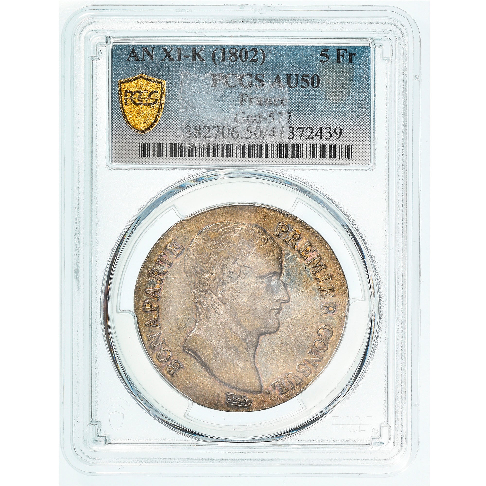 Moneta, Francia, Napoleon I, 5 Francs, An XI, Bordeaux, PCGS, AU50, BB+