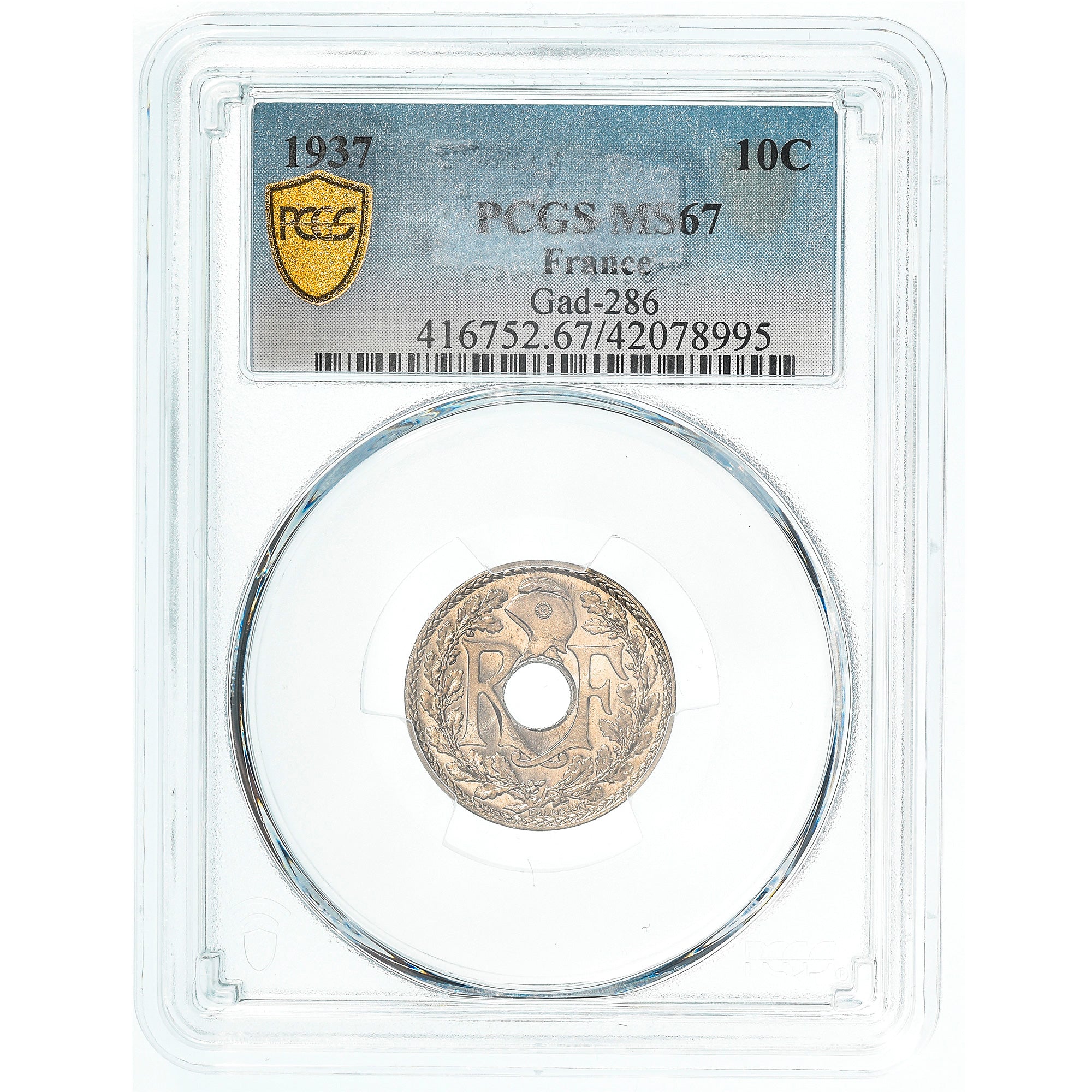 Moneta, Francia, Lindauer, 10 Centimes, 1937, Paris, PCGS, MS67, FDC