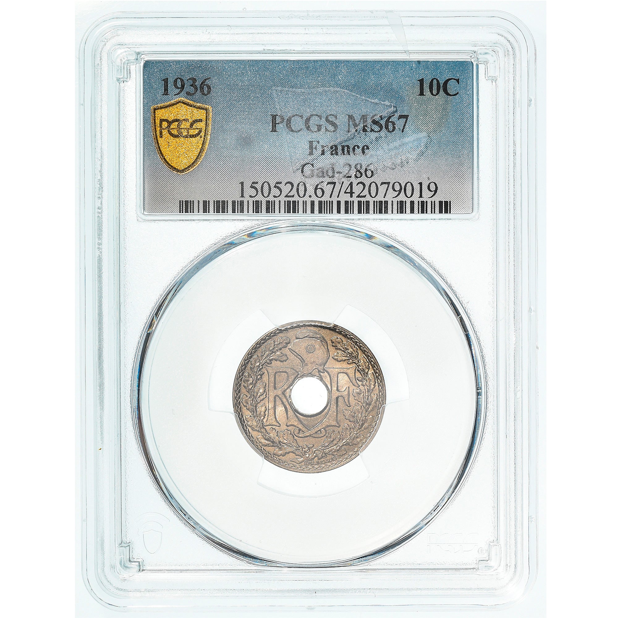 Moneda, Francia, Lindauer, 10 Centimes, 1936, Paris, PCGS, MS67, FDC, Cobre -